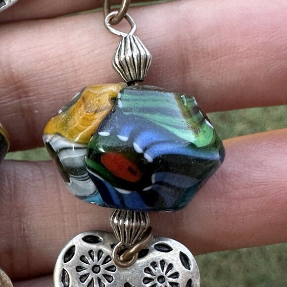 VTG Dangle Drop Earrings‎ Heart Medallion Glass Beads Multicolor Floral 2.5" - Picture 3 of 7